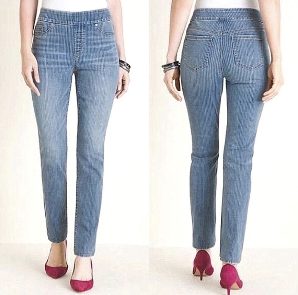 Chico’s Women’s Blue Striped Pull On Ankle Jegging Jeans Size 4R Stretch Denim